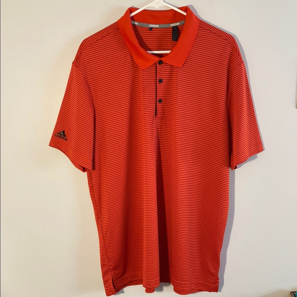 Adidas Men’s XL Polo Golf Shirt Coral And Black Striped Short Sleeve